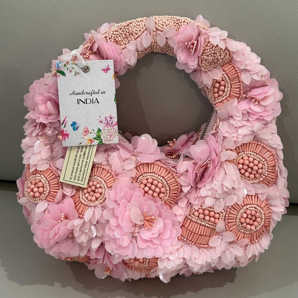 Pink Floral Bag Beaded Sequin Bag Handcrafted in India NWT